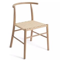 a wooden chair with wicker seat and armrests on an isolated white background