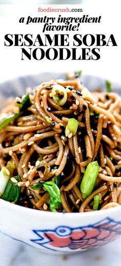 sesame noodle salad in a bowl with the title above it