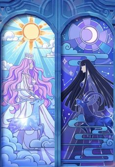 two stained glass windows with anime characters on them