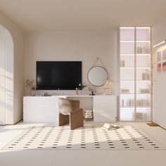 a living room with white walls and black and white checkered flooring on the floor