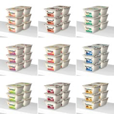 six different images of yogurt containers stacked on top of each other in multiple rows