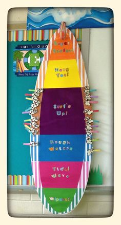 a colorful surfboard hanging on the wall in front of a bulletin board with writing