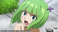 an anime character with green hair and blue eyes is making a funny face at the camera