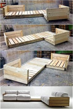 the pallet bed is made out of wood and has two mattresses attached to it