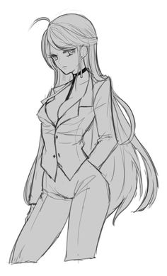 a drawing of a woman with long hair sitting on the ground, wearing a suit and tie