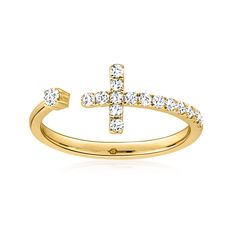 Ross-Simons - .30 ct. t. w. Diamond Sideways Cross Ring in 14kt Yellow Gold. Size 8. Sparkling with .30 ct. t. w. round brilliant-cut diamonds, this chic sideways cross ring offers a modern way to wear a classic symbol of faith. Crafted in polished 14kt yellow gold. 1/4" wide. Diamond sideways cross ring. Diamond birthstones are the perfect gift for April birthdays. Diamond Birthstone, Fine Jewelery, Diamond Cross Pendants, Natural Gold, Jewelry Rings Diamond, Cross Ring, Cross Pendant Necklace, Ring Diamond, Round Brilliant Cut Diamond