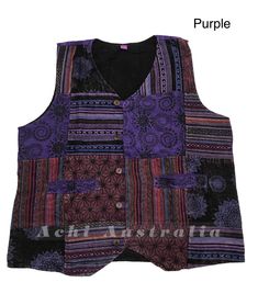 a purple and black patchwork vest with buttons on the front, one buttoned at the