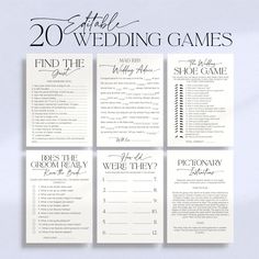 the wedding game is set up on top of a white tablecloth with black lettering