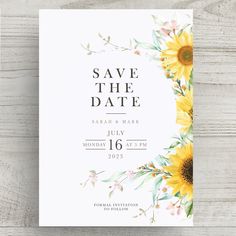 the sunflower save the date card is shown