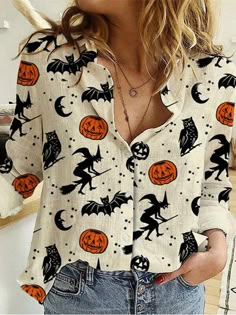 Bat Pumpkin, Casual Halloween, Long Sleeve Blouses, Shirts Women Fashion, Pumpkin Print, Womens Long Sleeve Shirts, Halloween Women, Hallows Eve, Plus Size Blouses