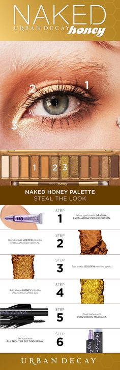 Urban Decay Honey Palette Looks Tutorial, Honey Pallete, Naked Honey Palette Looks, Urban Decay Honey Palette Looks, Honey Makeup, Honey Eyeshadow, Honey Palette, Urban Decay Palette, Perversion Mascara