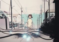 an animated image of a person standing in the middle of a street with power lines