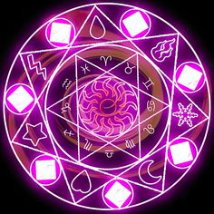 a purple circle with various symbols and shapes in the center, on a black background