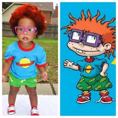 a child with red hair and glasses next to an image of a cartoon character wearing sunglasses