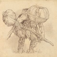 a drawing of a man with a backpack on his back holding a stick and sack