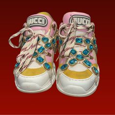 Gucci Flashtrek Pink Leather And Yellow Suede White Sole , Great Condition . Blue Gems, For A Lower Price Than Listed Gems Won’t Be Included Women’s 9 Us Women 39 It Gucci Yellow Sneakers For Streetwear, Yellow Gucci Sneakers For Streetwear, Gucci Yellow Streetwear Sneakers, Gucci Yellow Leather Sneakers, Yellow Leather Gucci Sneakers, Gucci Yellow Low-top Sneakers, Gucci Multicolor Sneakers With Round Toe, Gucci Multicolor Lace-up Sneakers, Yellow Gucci Sneakers With Branded Insole