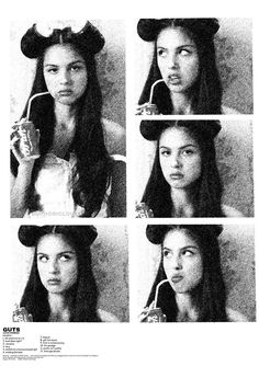 black and white photo of four different women with mickey ears on their heads, one woman has