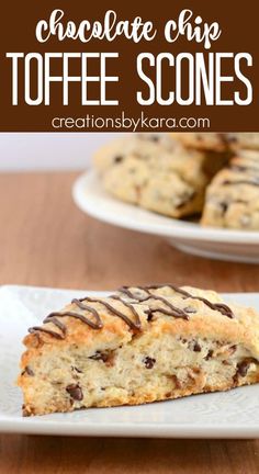 chocolate chip toffe scones on a plate with text overlay that reads chocolate chip toffe scones