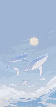 two dolphins swimming in the ocean under a moonlit sky with clouds and blue water