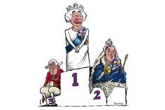 a cartoon depicting the queen and prince on top of a podium with two men sitting next to each other