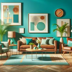 a living room with teal walls and wooden flooring is pictured in this image