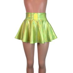 high-waisted lime green holographic mini rave skirt. The shimmery fabric shows a rainbow of colors in the light and swings and twirls with movement. The skirt length is 13" from top to bottom - but if you'd like it shorter, please say so in the personalization box. Katy Perry Costume, Mini Circle Skirt, Rave Skirt, Bell Skirt, Half Skirt, Rave Wear, Rave Outfits, Skirt Design, Circle Skirt