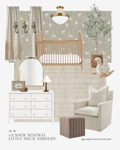 a baby's nursery with white furniture and wallpaper, including a crib