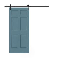 a blue door with two black bars on the top and bottom, against a white background