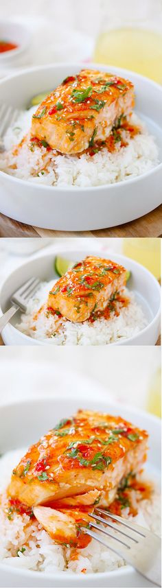 two pictures of salmon with rice and sauce