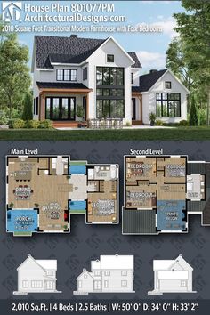 two story house plan with 3 bedroom and 2 bathrooms on each floor, in the middle of