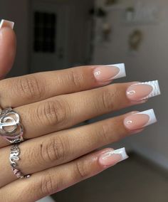 Taped Square Nails Long, White Nail Designs With Pearls, Short Acrylic Nails With Pearls, French Top Square Nails, White French With Gems, Short White French Tip Nails With Design, White French With Design, French Tip Acrylic Nails Christmas, Nail Ideas 2023 Short