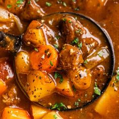 a spoon full of stew with potatoes and carrots