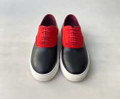 Buy the new TucciPolo Limited Edition Mens Handcrafted Two tone Black and Red suede leather Dress Sneaker. Prestigiously handcrafted with black Italian calf skin leather upper and red suede with leather lining, leather insole. Very comfortable and Fits true to size. order your normal sizeLeather : Black leather and red Suede leatherColor: Two tone Black and redStyle: dress sneakerThis is a made-to-order product. Each pair will be made upon receipt of order and shipped in approximately 15 days. B Dress Sneaker, Red Leather Dress, Two Tone Dress, Custom Made Shoes, Italian Leather Shoes, Casual Dress Shoes, Slip On Loafers, Shoes Custom, Luxury Sneakers