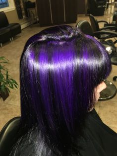 Black With Purple Streaks, Purple Hair Streaks Black Hair, Black And Purple Streaks Hair, Purple Hair By Hair Pattern, Streaks Of Purple In Hair, Black And Purple Hair Dye Ideas, Purple Hair With Purple Highlights, Mixed Purple Hair, Black Hair With Colored Streaks