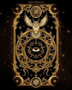 a golden clock with an owl sitting on it's face in front of a black background