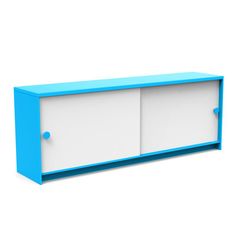 a blue and white cabinet with two doors