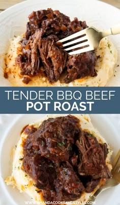 tender bbq beef pot roast on top of mashed potatoes