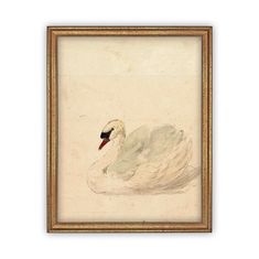 a white swan sitting on top of a bed in a wooden framed wall art frame