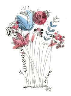 a drawing of flowers with leaves and berries on the stems in pink, blue and red colors