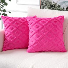 two pink pillows sitting on top of a white couch next to a potted plant