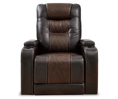 a brown recliner chair with two cups on the armrests and one foot rest