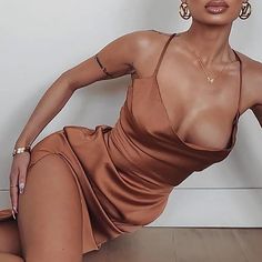 Satin Maxi Dress Satin Teddy Dress, Low Cut Dresses For Busty Women, Women In Low Cut Dresses, Anna Mingazova Dress, Brown Summer Party Slip Dress, Fitted Brown Slip Dress, Fitted Brown Slip Dress For Date Night, Chic Fitted Brown Slip Dress, Sleeveless Satin Dress For Summer Dinner