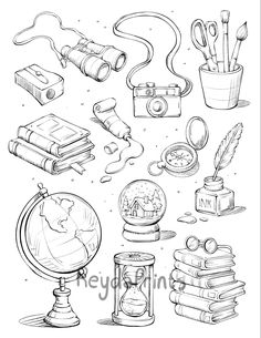 a black and white drawing of various items that include books, an hourglass, a telescope