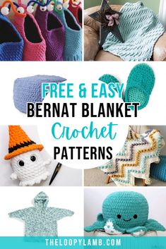 free crochet patterns and instructions for beginners to make knitted items with the text overlay that reads, free & easy bernat blanket crochet patterns