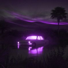 a car is parked in the middle of a lake at night with purple lights shining on it