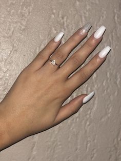 nails coffin White With Accent Nails, White Nails With One Accent Nail, Nails With One Accent Nail, White Acrylic Nails Coffin, One Accent Nail, White Tip Nail Designs, White Tip Acrylic Nails, Ongles Gel Violet, Purple Gel Nails