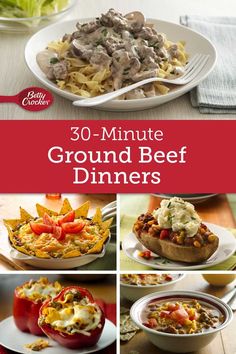 the cover of 30 minute ground beef dinners with pictures of different dishes and toppings