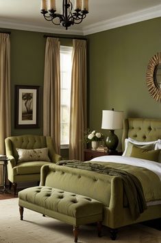 a bedroom with green walls and furniture in it