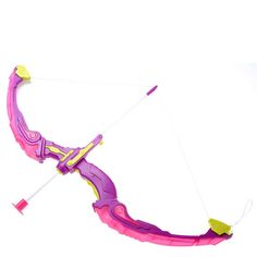 a pink and purple kite is flying in the air with it's handle extended