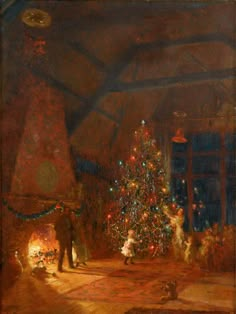 a painting of a man and woman standing in front of a lit up christmas tree